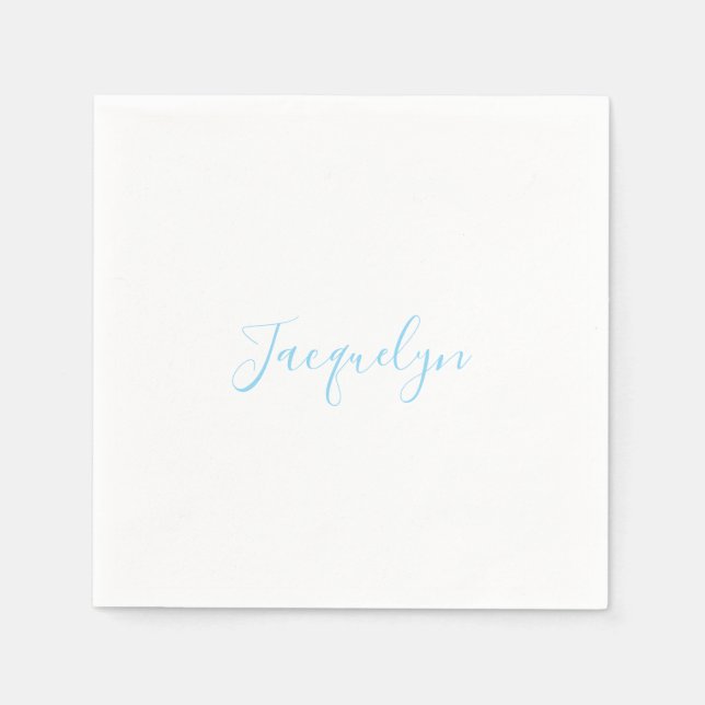 White Blue Plain Elegant Modern Calligraphy Name Napkins (Front)