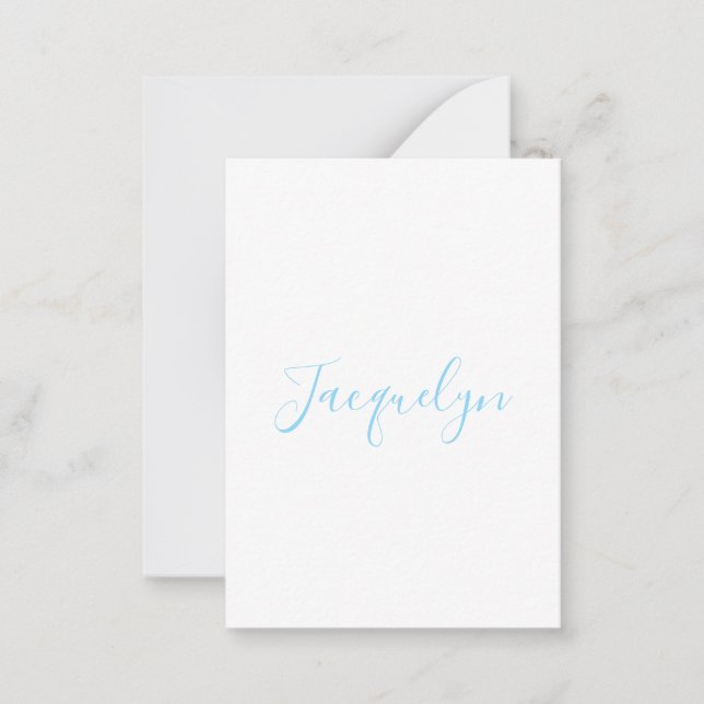 White Blue Plain Elegant Modern Calligraphy Name Note Card (Front)