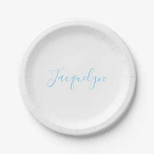 White Blue Plain Elegant Modern Calligraphy Name Paper Plates
