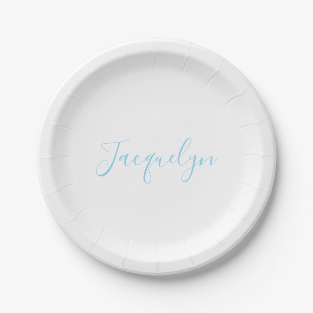 White Blue Plain Elegant Modern Calligraphy Name Paper Plates (Front)