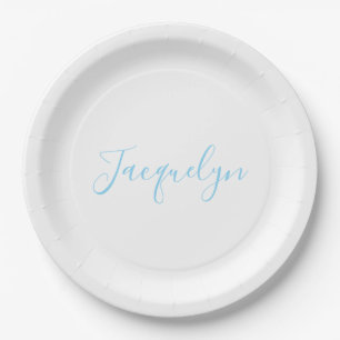 White Blue Plain Elegant Modern Calligraphy Name Paper Plates