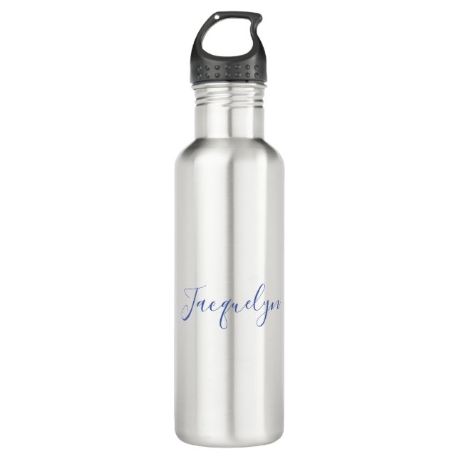 White Blue Plain Elegant Modern Calligraphy Name Stainless Steel Water Bottle (Front)