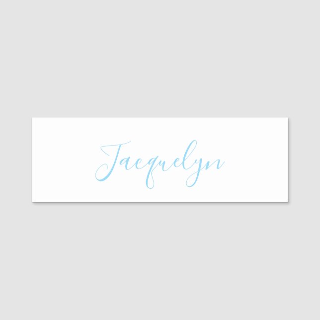 White Blue Plain Elegant Modern Calligraphy Name Tag (Front)