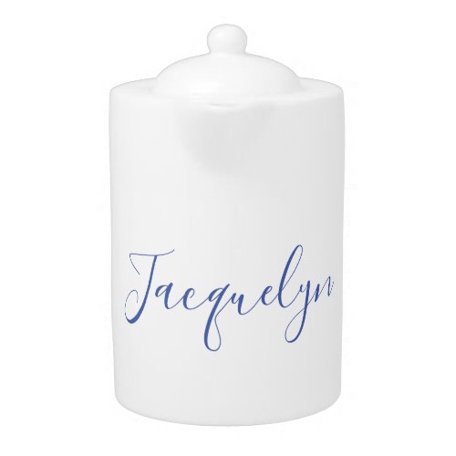 White Blue Plain Elegant Modern Calligraphy Name Teapot