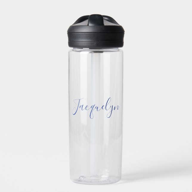 White Blue Plain Elegant Modern Calligraphy Name Water Bottle (Front)