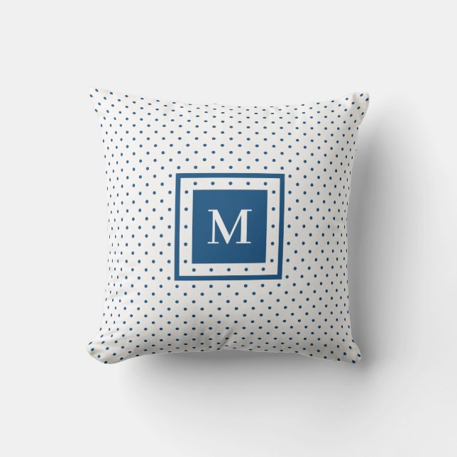 White Blue Polka Dot Pattern with Modern Monogram Throw Pillow (Front)