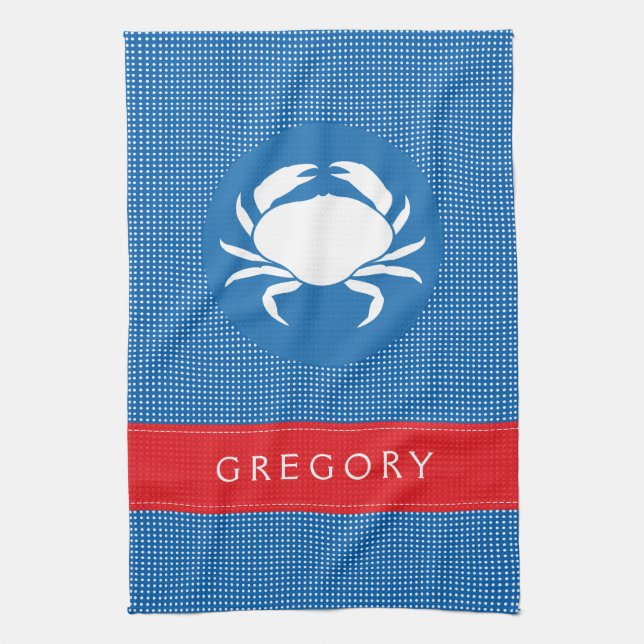 White & Blue Polkadot Cute Sea Crab Illustration Kitchen Towel (Vertical)