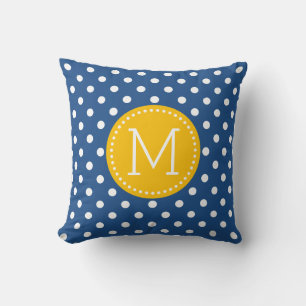 White & Blue Polkadot Pattern Yellow Accents Throw Pillow