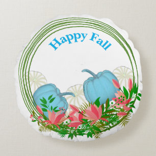 White Blue Pumpkins Fall Wreath Greenery Floral  Round Pillow