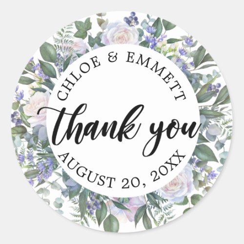 White Blue Purple Floral Wedding Favor Classic Round Sticker