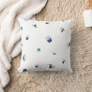 White Blue Purple Japanese Pansy Floral Pattern Throw Pillow