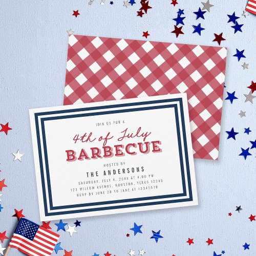 White Blue  Red Gingham 4th of July Barbecue Invitation
