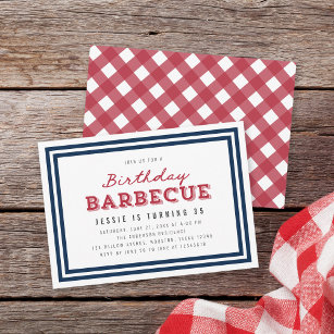 White Blue & Red Gingham Any Age Birthday Barbecue Invitation