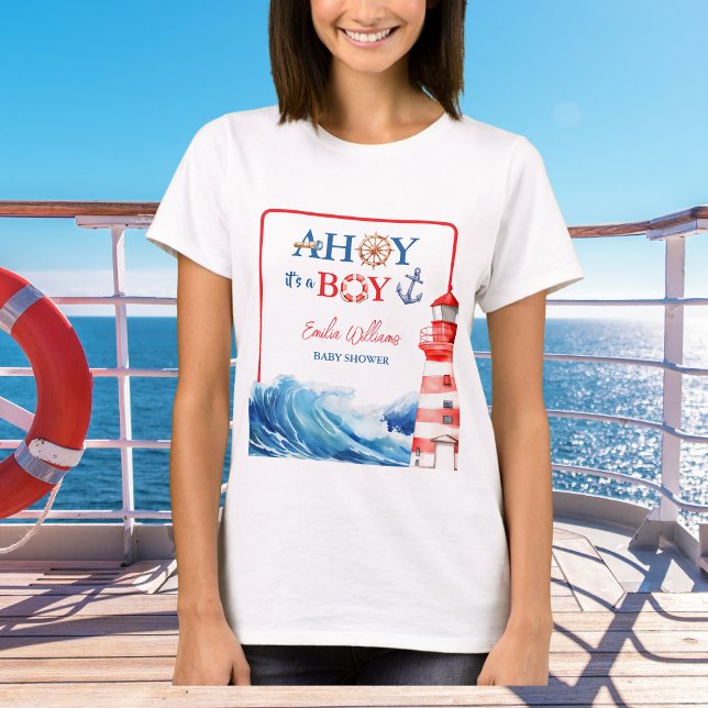 White Blue Red Nautical Ahoy Boy Lighthouse T-Shirt (Creator Uploaded)