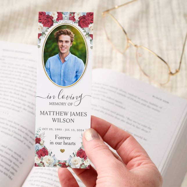 White Blue Red Photo Funeral Memorial Celebration Bookmarks (Hand)
