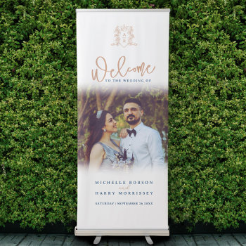 White Blue Rose Gold Crown Monogram Wedding Photo Retractable Banner by mylittleedenweddings at Zazzle