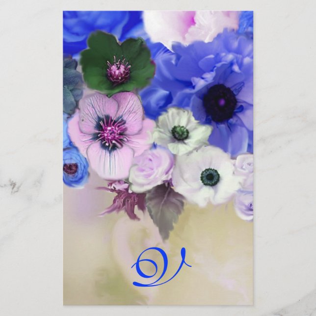 WHITE BLUE  ROSES AND ANEMONE FLOWERS MONOGRAM STATIONERY (Front)