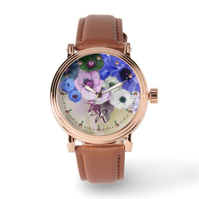 WHITE BLUE ROSES,ANEMONE FLOWERS MONOGRAM WATCH (Front)