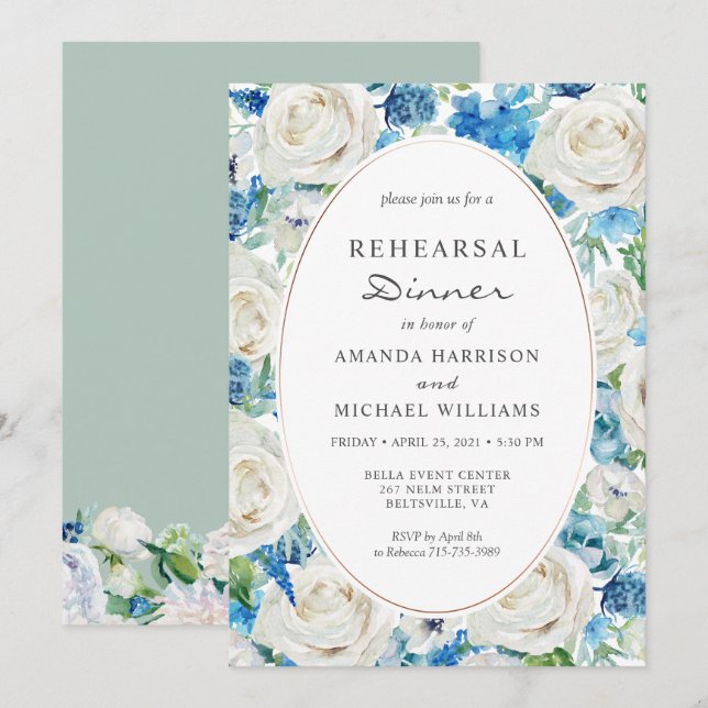 White Blue Sage Green Floral Rehearsal Dinner Invitation (Front/Back)
