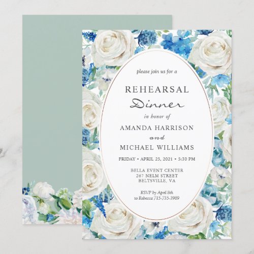 White Blue Sage Green Floral Rehearsal Dinner Invitation