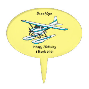 White blue seaplane illustration cake topper