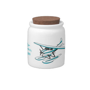 White blue seaplane illustration candy jar