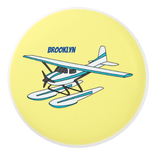 White blue seaplane illustration ceramic knob