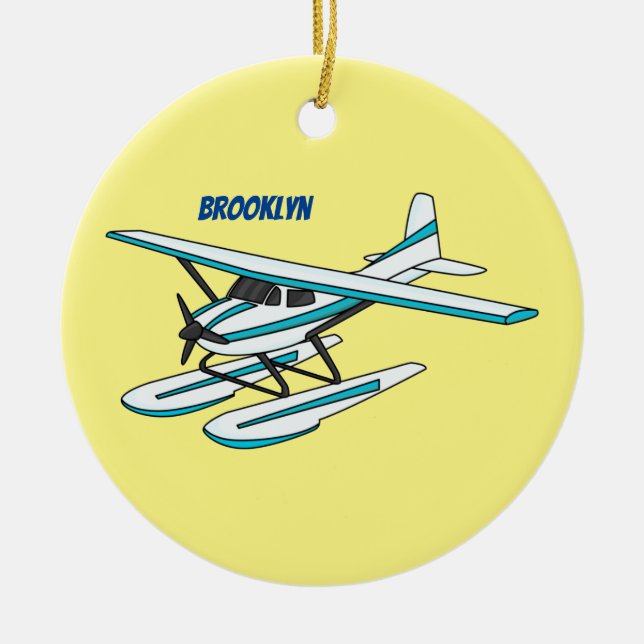 White blue seaplane illustration ceramic ornament (Front)