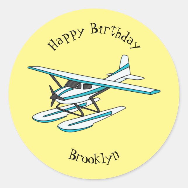 White blue seaplane illustration classic round sticker (Front)