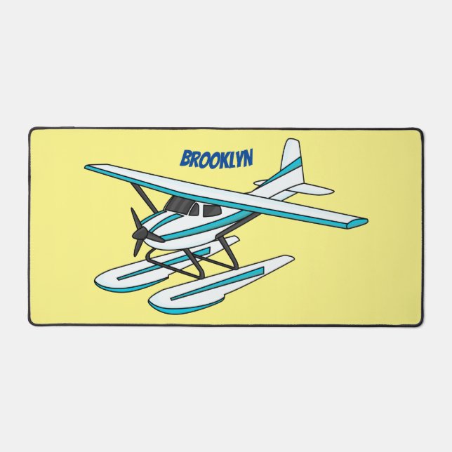 White blue seaplane illustration desk mat (Front)