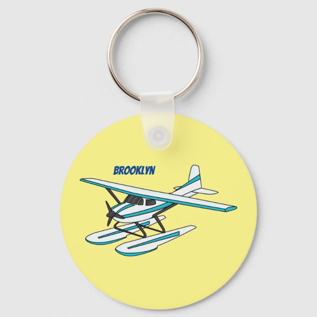 White blue seaplane illustration keychain (Front)