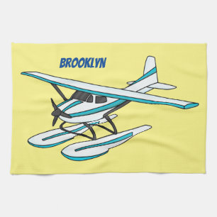 White blue seaplane illustration kitchen towel
