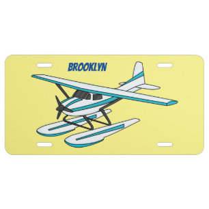 White blue seaplane illustration license plate