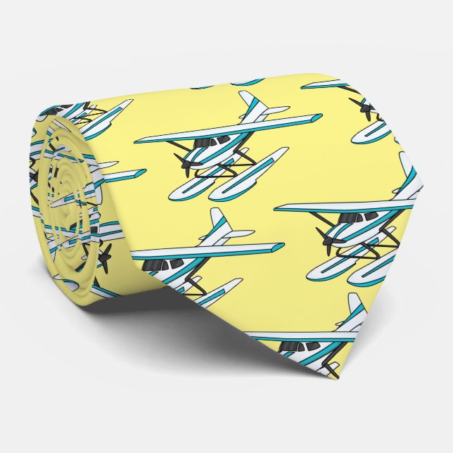 White blue seaplane illustration neck tie (Rolled)