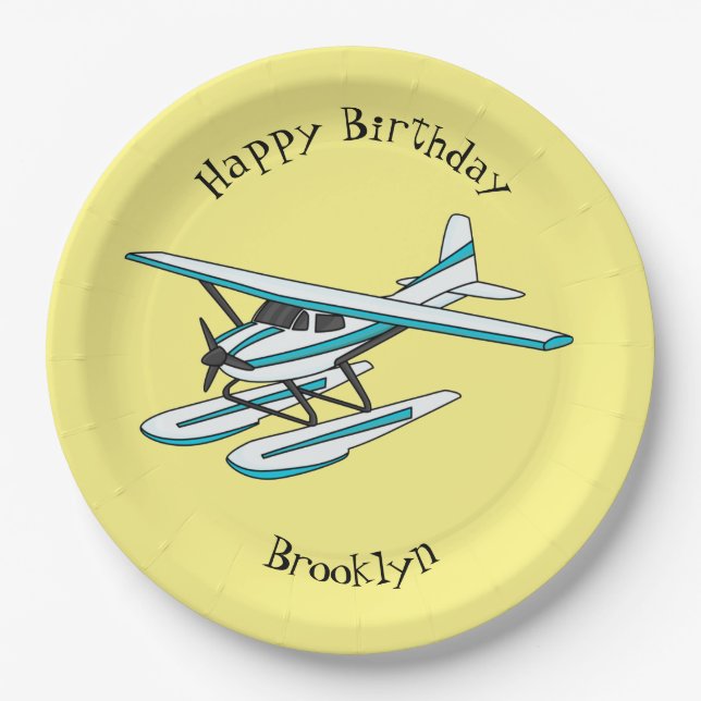 White blue seaplane illustration  paper plates (Front)