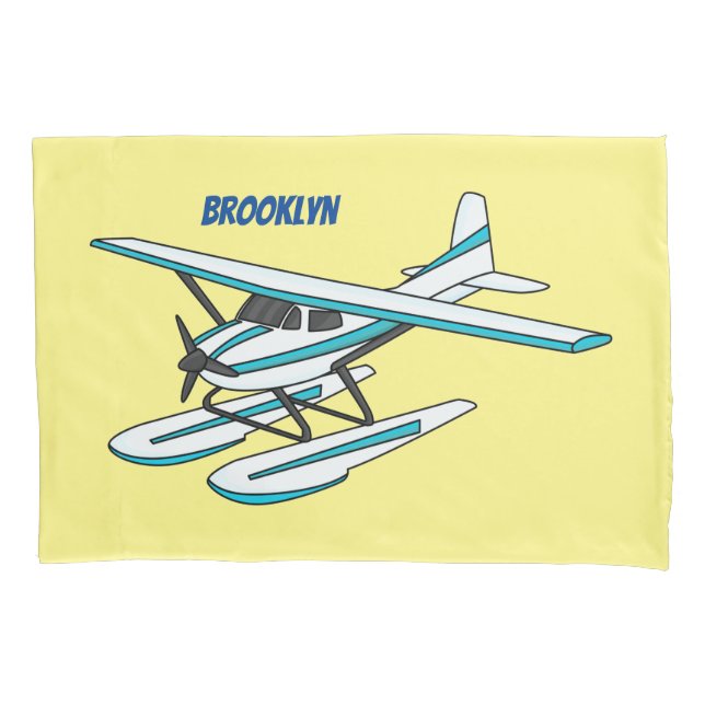 White blue seaplane illustration pillow case (Front)