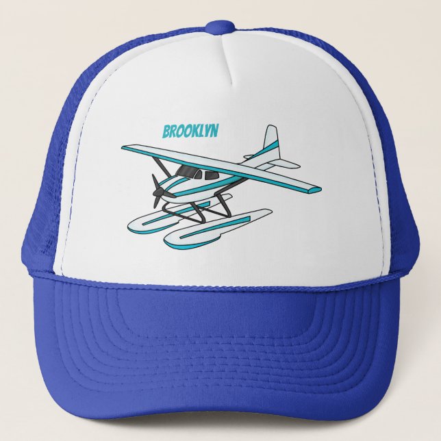 White blue seaplane illustration trucker hat (Front)