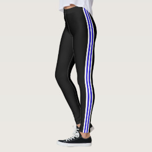 White Blue Side Stripe Black Leggings Choose Color