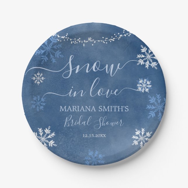 White Blue Snow in Love Snowflake Bridal Shower Paper Plates (Front)