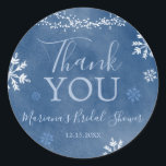 White Blue Snow in Love Snowflake Bridal Thank You Classic Round Sticker<br><div class="desc">White Blue Snow in Love Snowflake Bridal Shower Thank You Sticker
All wording can be customized</div>