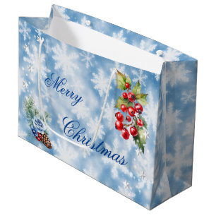 White Blue Snowflake Holly Berries Merry Christmas Large Gift Bag