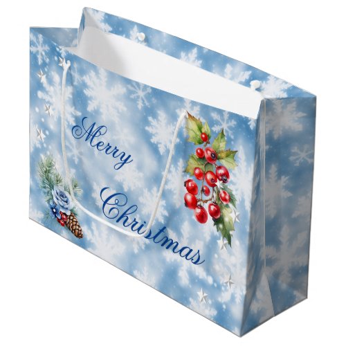 White Blue Snowflake Holly Berries Merry Christmas Large Gift Bag