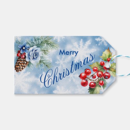 White Blue Snowflakes and Holly Berries Christmas Gift Tags