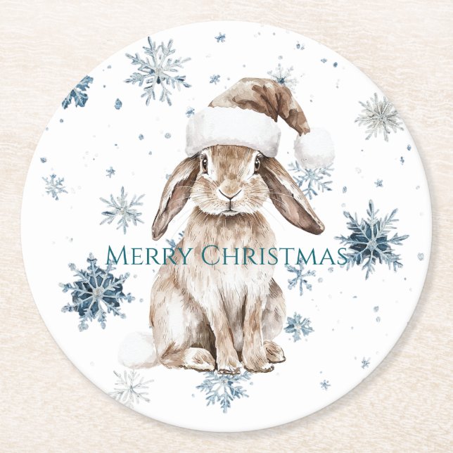 White Blue Snowflakes Christmas Bunny Round Paper Coaster (Front)