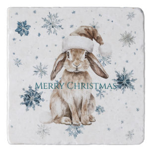 White Blue Snowflakes Christmas Bunny Trivet