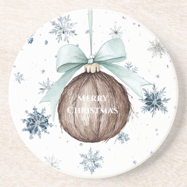 White Blue Snowflakes Christmas Coconut Bow Coaster (Front)