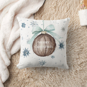 White Blue Snowflakes Christmas Coconut Bow Throw Pillow