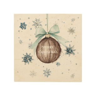 White Blue Snowflakes Christmas Coconut Bow Wood Wall Art