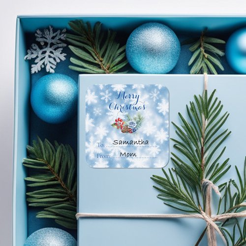 White  Blue Snowflakes Christmas Decoration Square Sticker