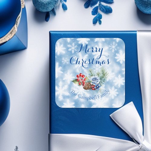 White  Blue Snowflakes Christmas Decoration Square Sticker